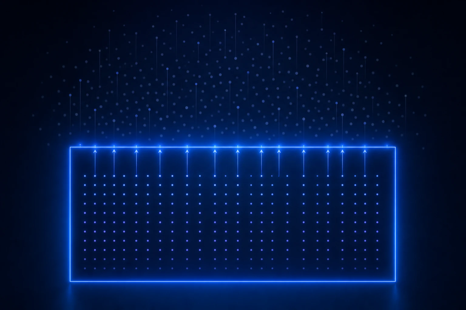 A ruled boundary. Inside it, marks arranged in strict order; outside, the same marks scattered. Several arrows rise from within and stop exactly at the line.