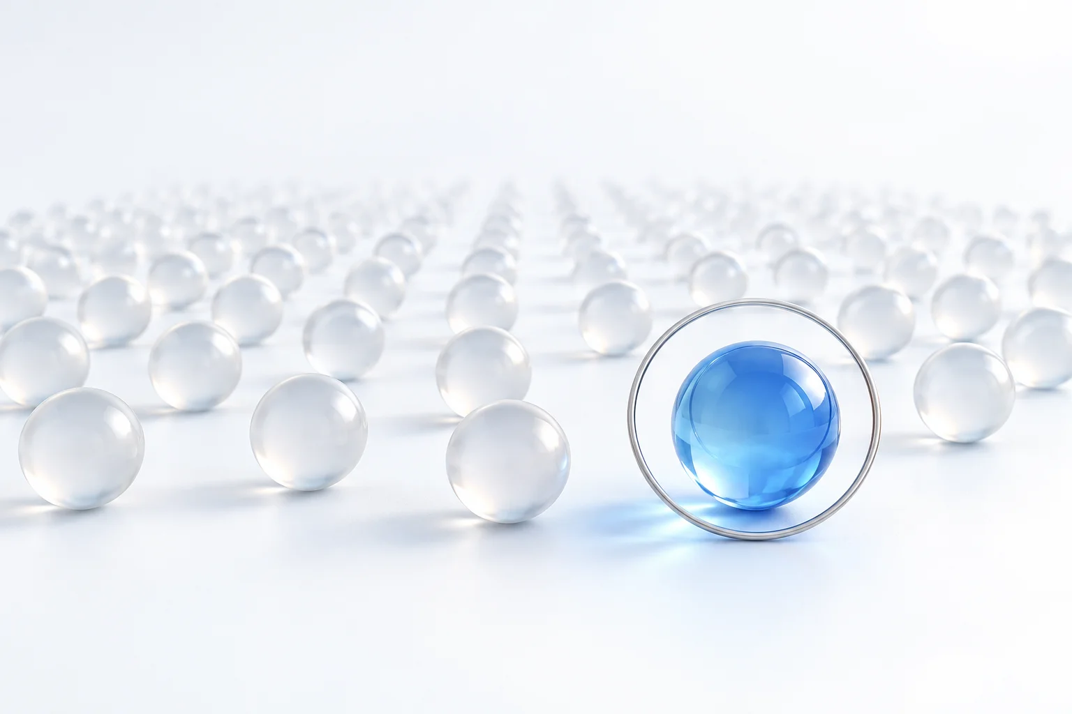 One blue glass sphere selected from an array of pearl-white spheres