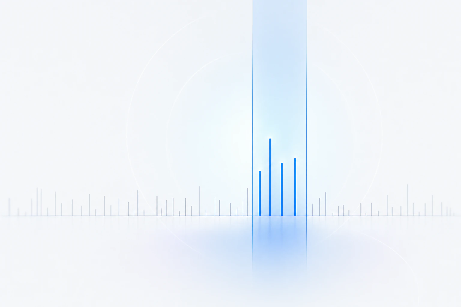 A baseline of many irregular tick marks. One narrow band is shaded and bounded, and only the few ticks inside it are drawn tall and solid.